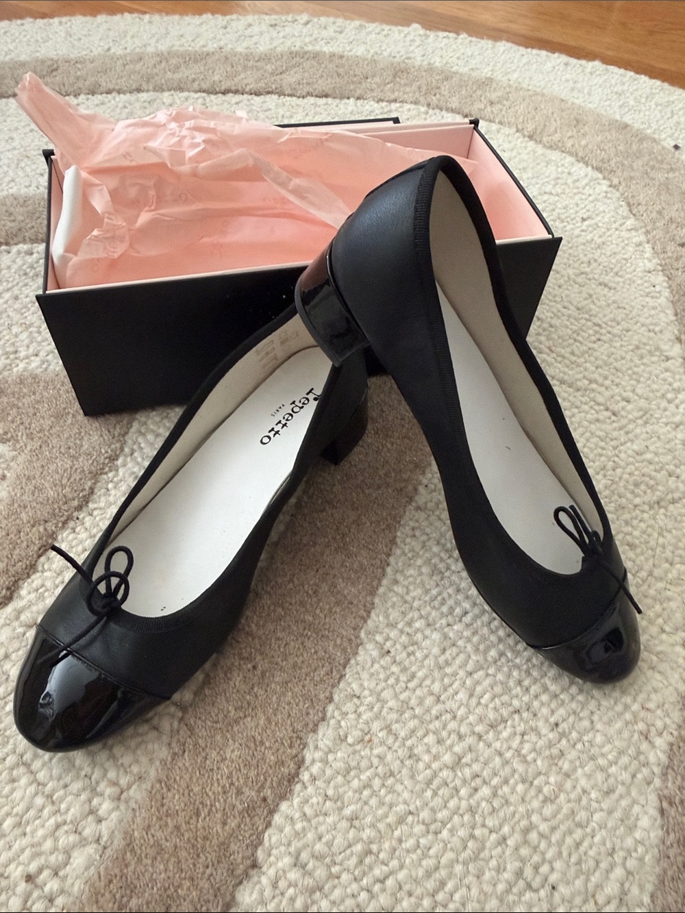 Repetto Black Leather Ballet Pumps with Patent Toe and Low Block Heel